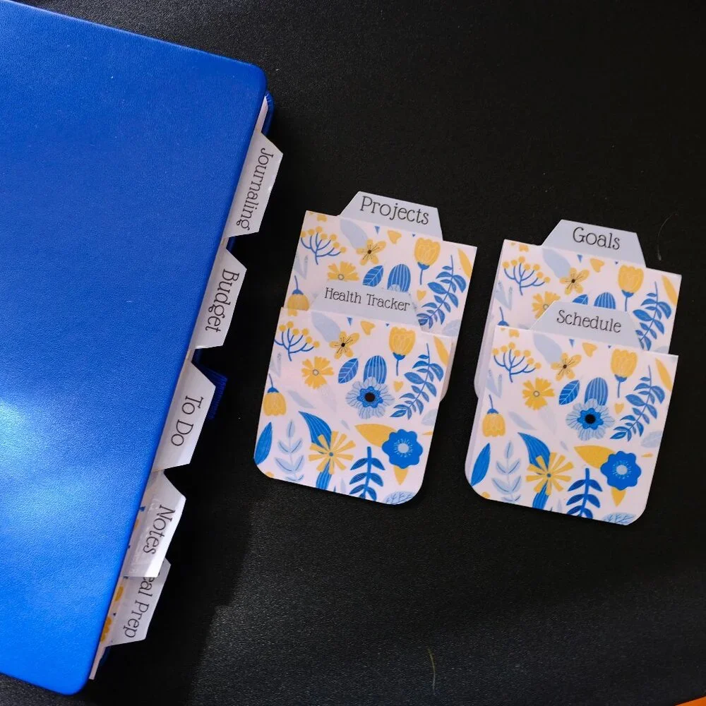 Handmade Magnetic Planner Tabs, journal, dividers, floral, blue, yellow flower